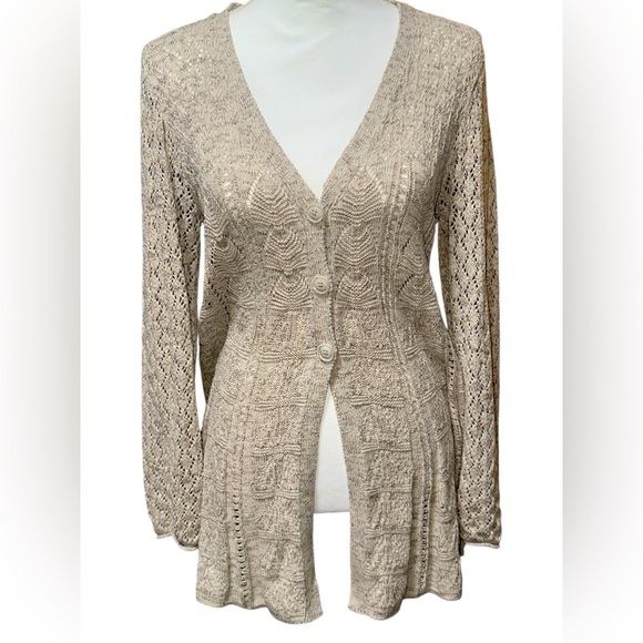 Style & Co. Textured Light Tan 3 Button Long Cardigan With Open Bottom - Picture 6 of 7